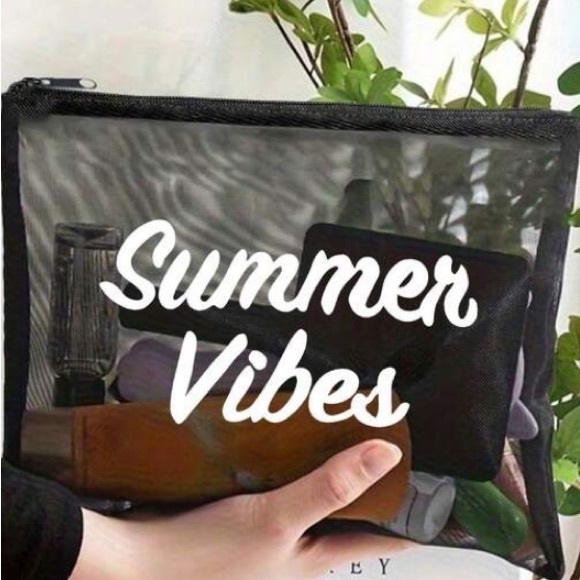 2 Piece Set Black Mesh Summer Vibes Tote Bag + Cosmetic Bag - Picture 3 of 3
